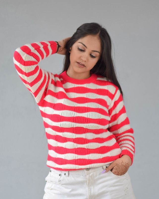 Women Floral Print Round Neck Red, White Sweater