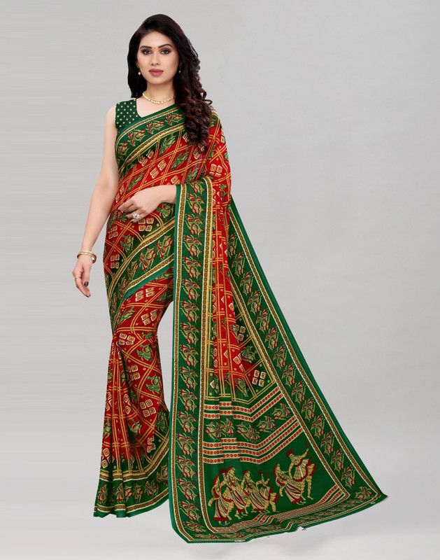 Floral Print, Geometric Print, Printed Daily Wear Georgette Saree  (Red, Green)