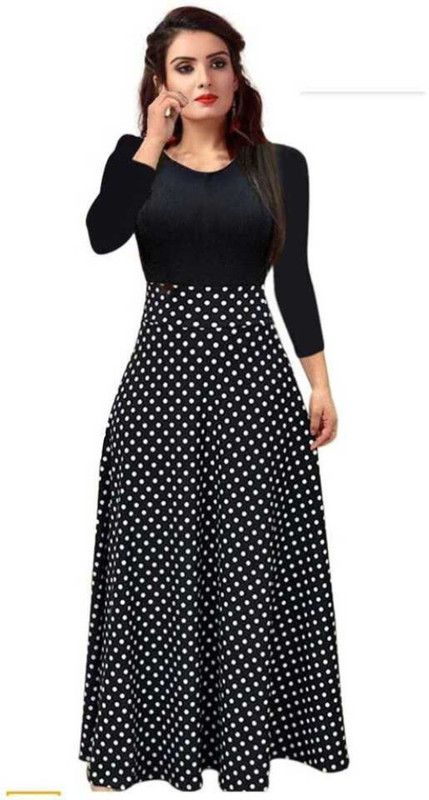 Women Polka Print Crepe Gown Kurta  (Black)