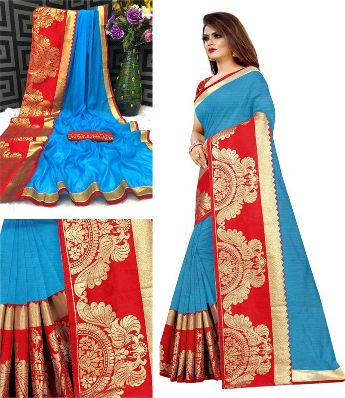 Woven Kasavu Cotton Silk Saree  (Blue)