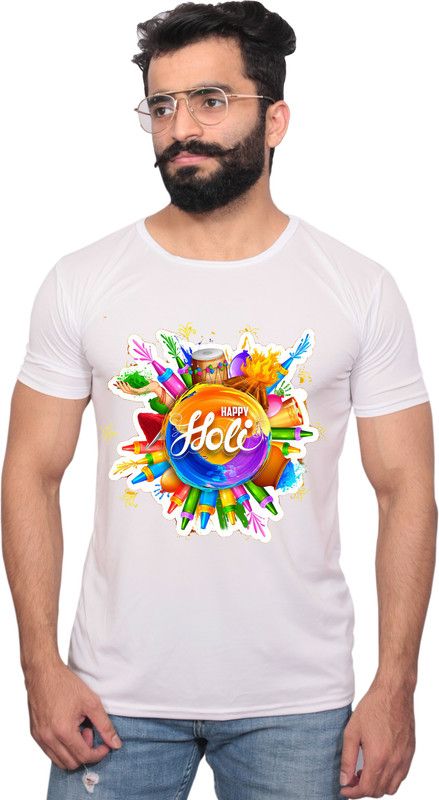 9809 Men Graphic Print Round Neck Polyester White T-Shirt