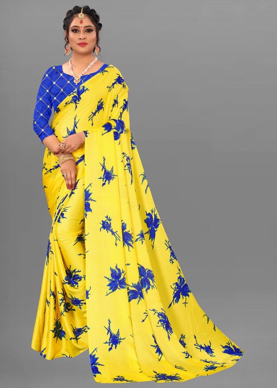 Floral Print, Printed Fashion Silk Blend Saree  (Yellow, Blue)