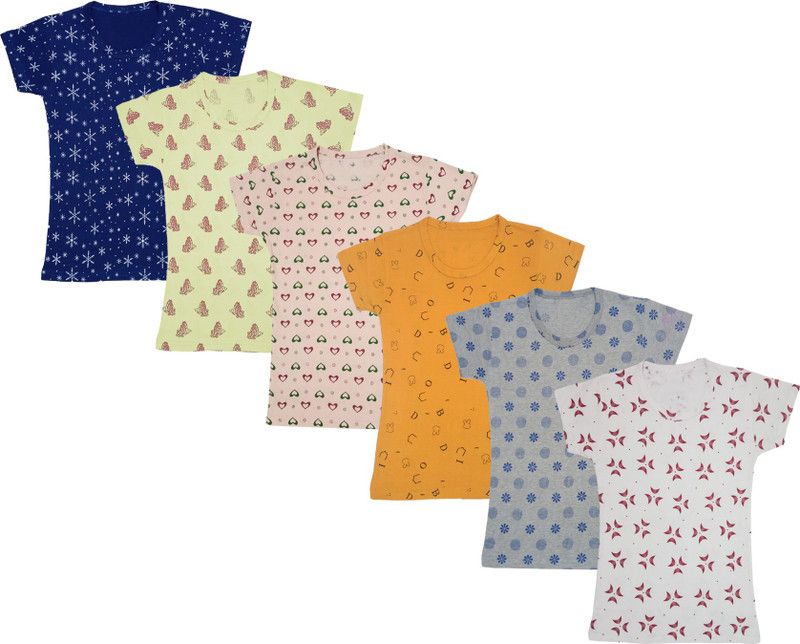 Girls Printed Cotton Blend T Shirt  (Multicolor, Pack of 6)