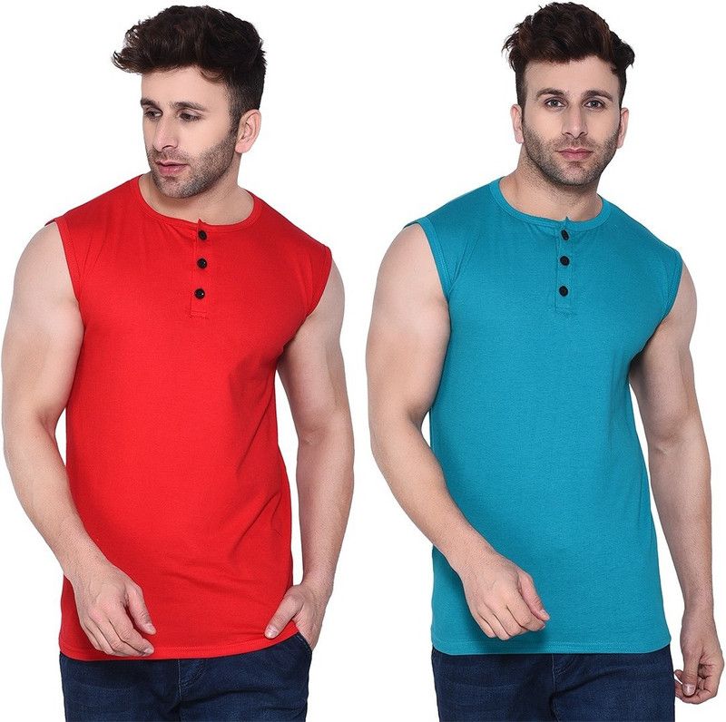 Pack of 2 Faizaan Men Solid Round Neck Cotton Blend Red, Light Green T-Shirt