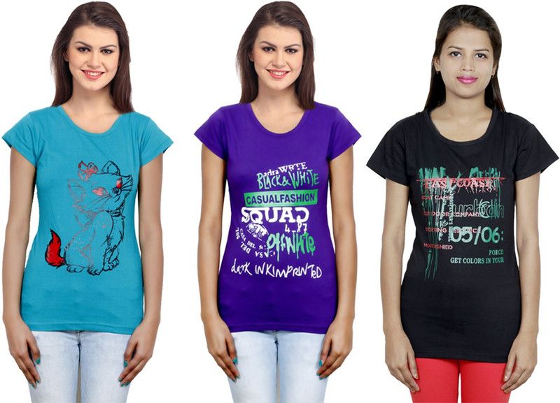 Pack of 3 Women Printed Round Neck Cotton Blend Purple, Blue, Black T-Shirt