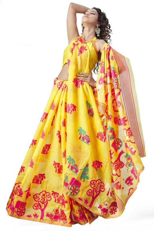 Printed Jamdani Pure Cotton Saree  (Yellow)