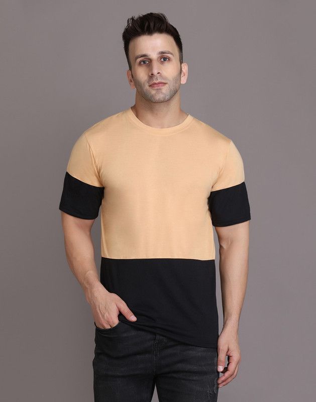 Men Solid Round Neck Cotton Blend Black, Beige T-Shirt
