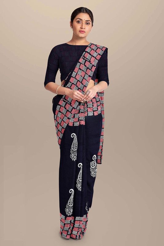 Color Block, Dyed, Floral Print, Printed, Self Design Daily Wear Pure Cotton Saree  (Black)