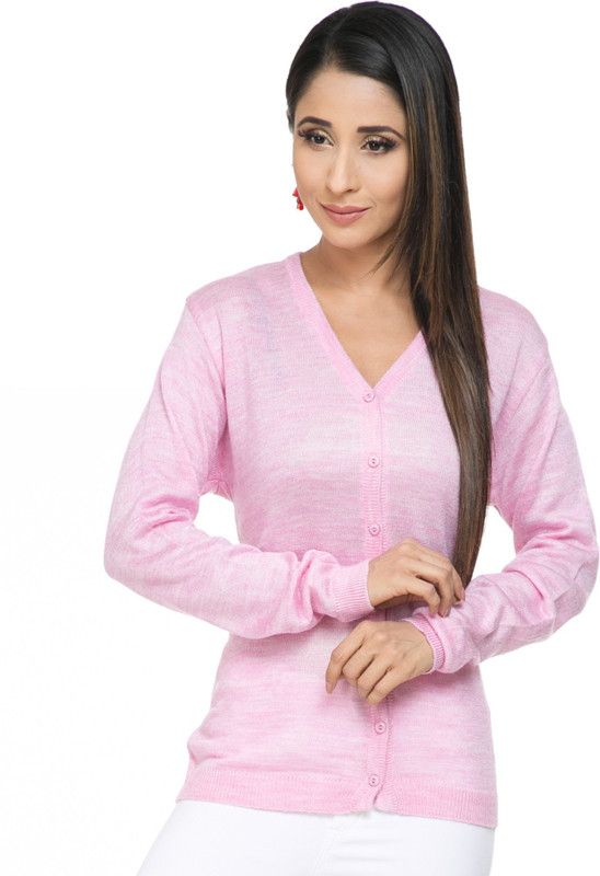 Women Solid V Neck Pink Sweater