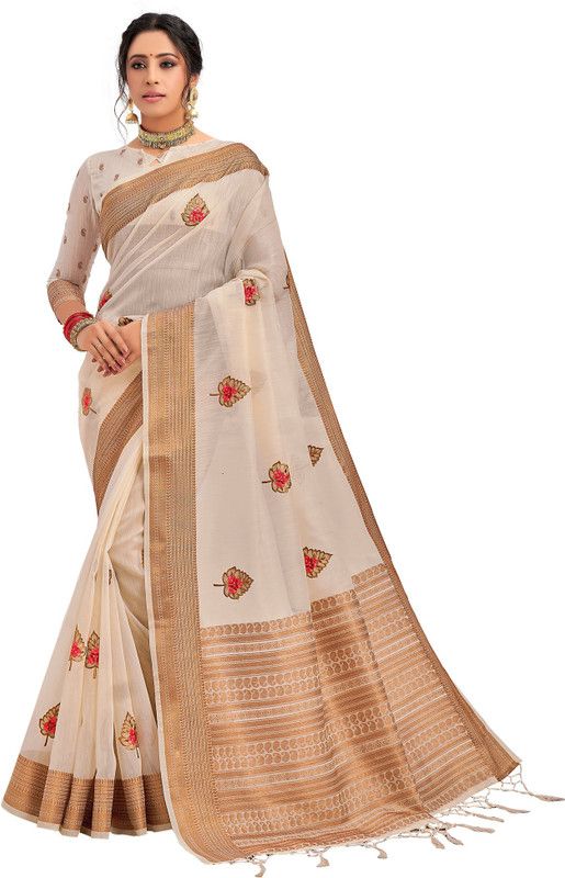 Embroidered Daily Wear Cotton Silk Saree  (Cream)