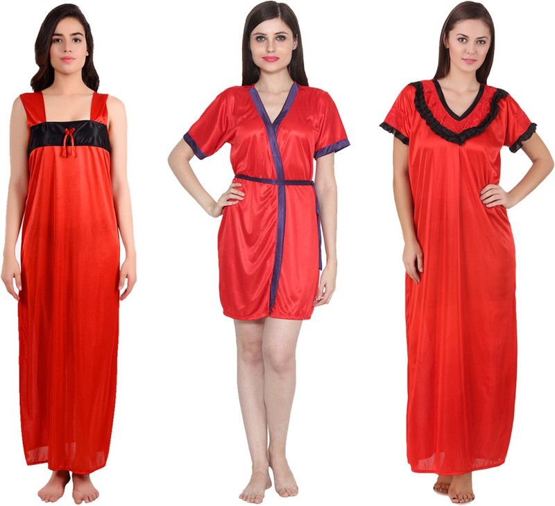 Pack of 3 Women Nighty Set  (Red)