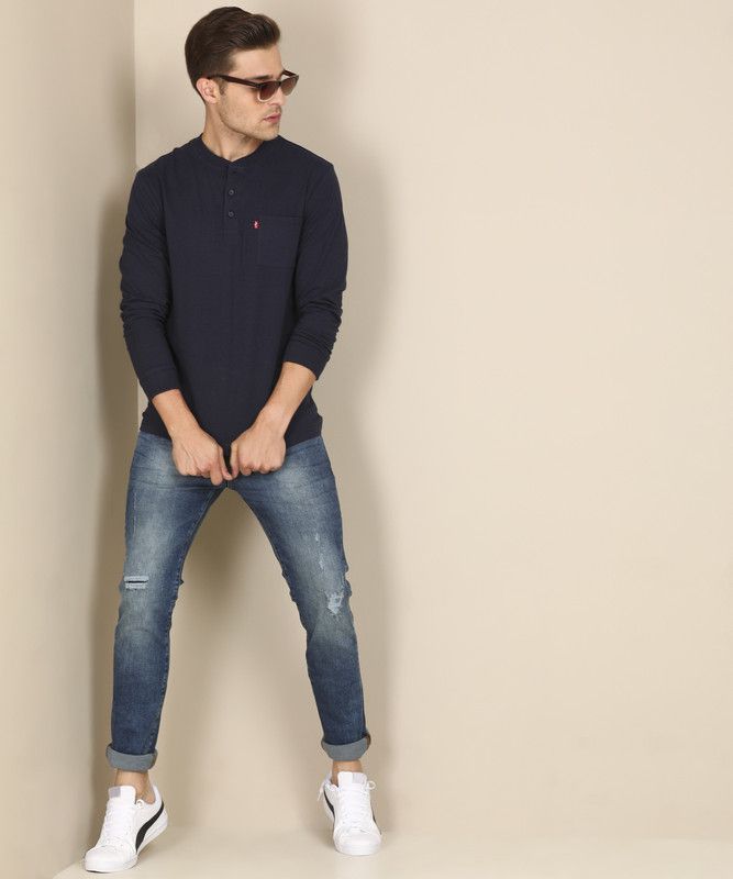 White Tab Henley Tee Men Solid Henley Neck Pure Cotton Blue T-Shirt