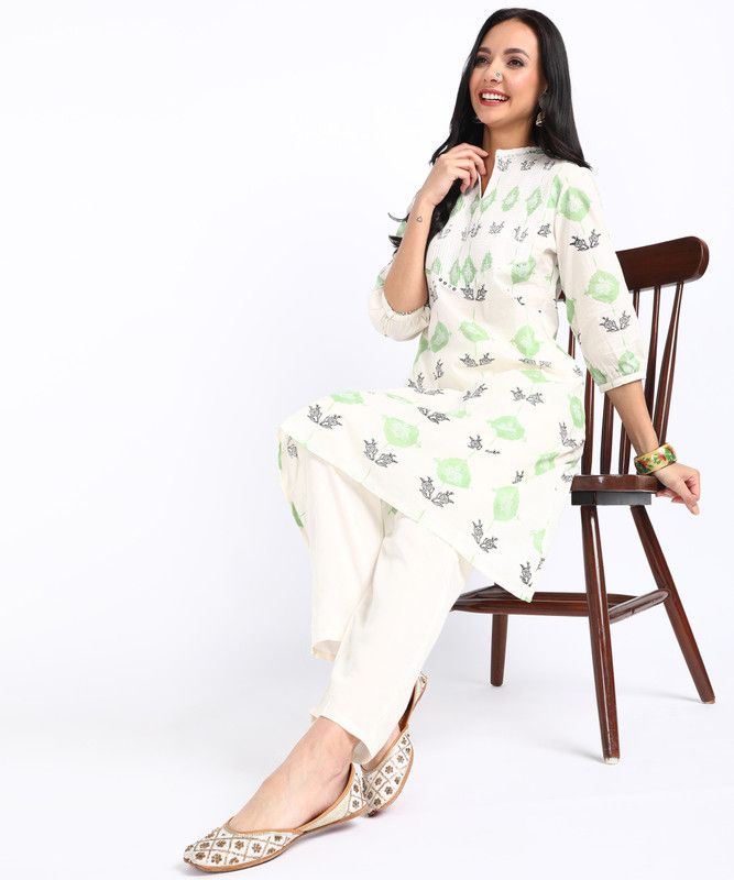 Women Printed Pure Cotton A-line Kurta  (Beige)