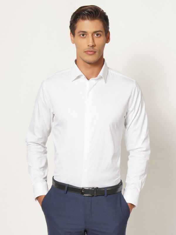 Men Slim Fit Woven Design Cut Away Collar Formal Shirt