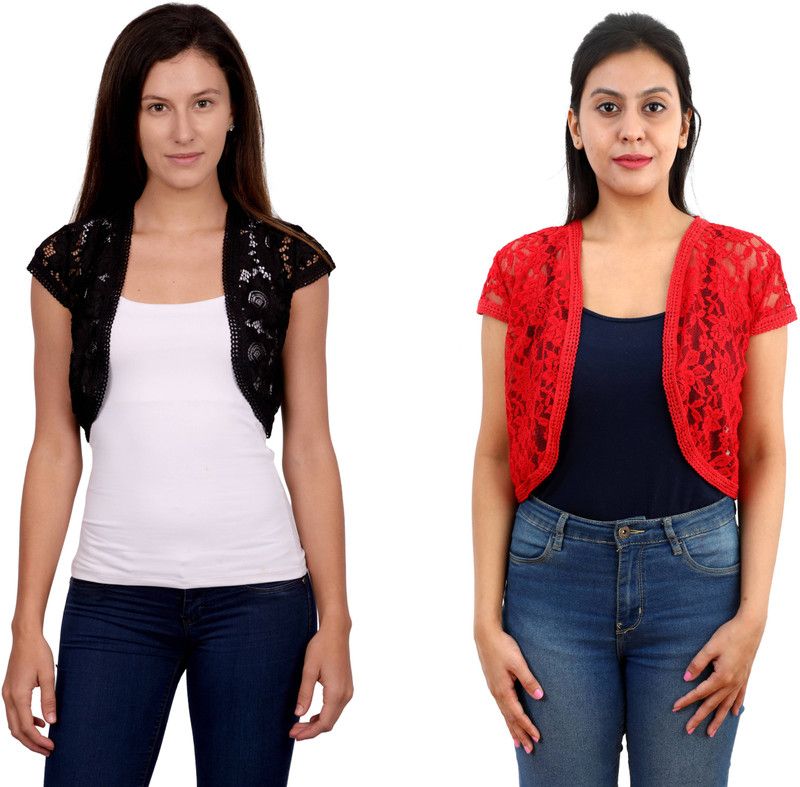 Women Short Sleeve Black, Red Shrug
