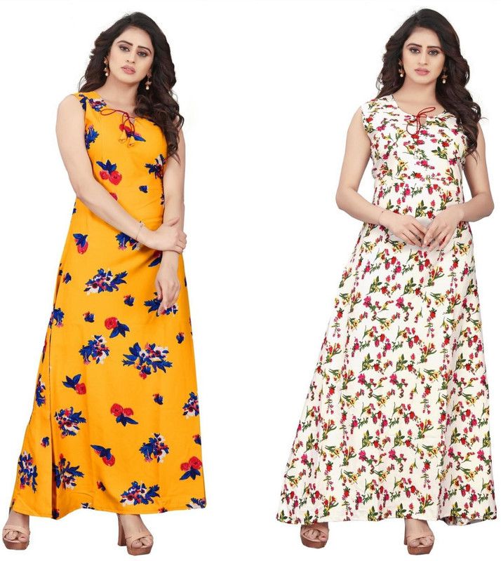 Pack of 2 Women Floral Print Crepe Gown Kurta  (White, Yellow)
