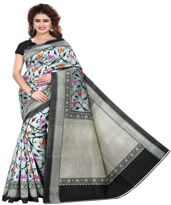 Printed Mysore Silk Blend Saree  (Grey)