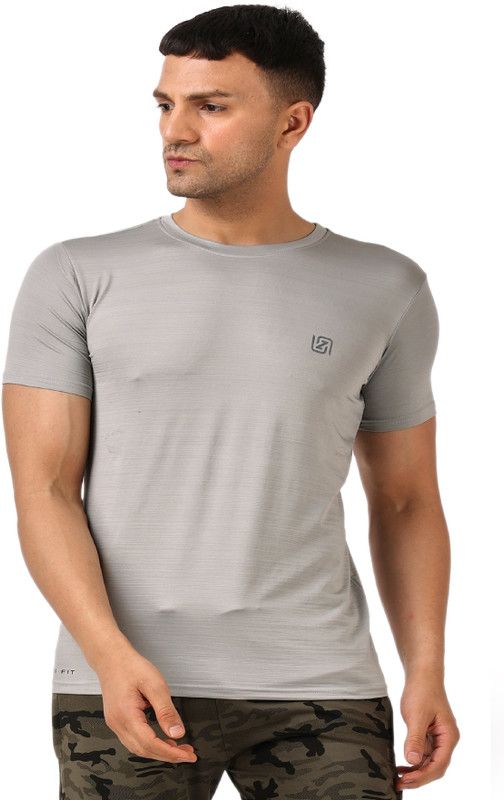 Men Solid Round Neck Polyester Silver T-Shirt