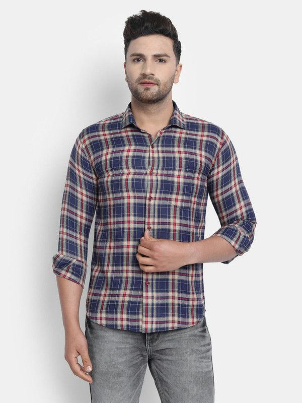 Men Checkered Casual Cream, Blue Shirt
