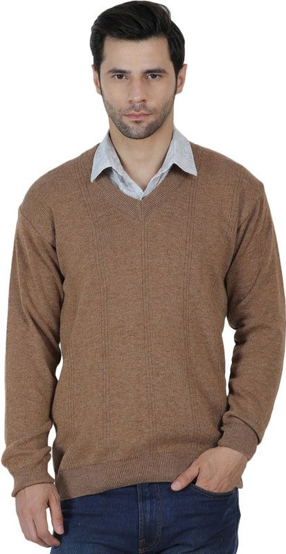 Men Self Design V Neck Brown Sweater