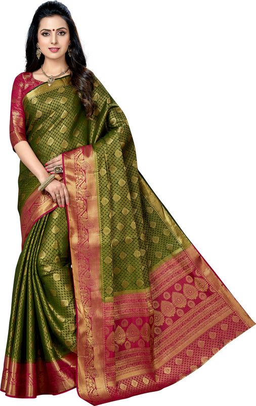 Self Design Banarasi Jacquard Saree  (Dark Green)