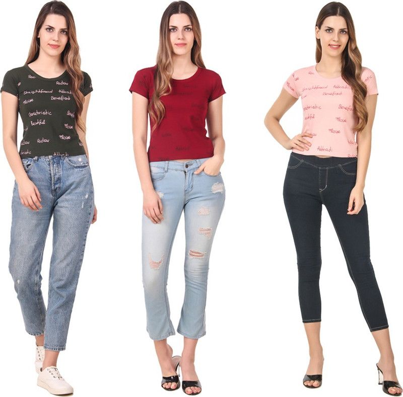 Pack of 3 Women Printed Round Neck Cotton Blend Maroon, Black, Pink T-Shirt