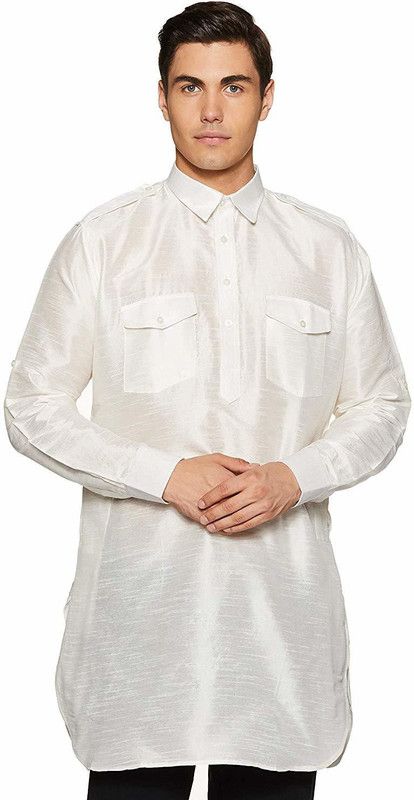 Men Solid Pure Silk Pathani Kurta  (White)
