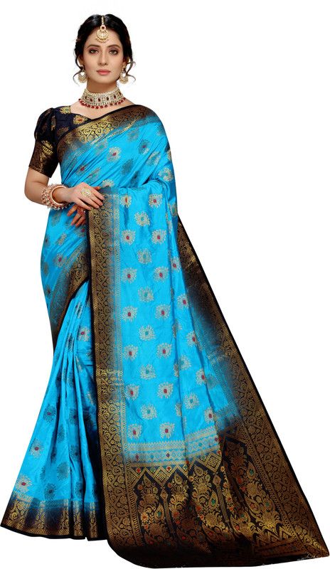 Woven Kanjivaram Art Silk, Pure Cotton Saree  (Dark Blue, Light Blue)