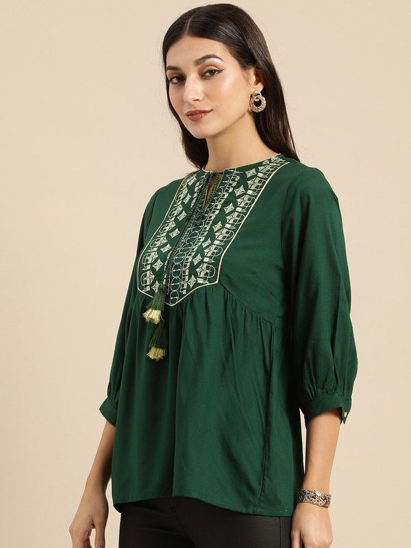 Women Embroidered Viscose Rayon A-line Kurta  (Dark Green)
