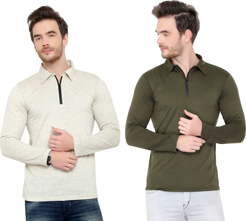 Pack of 2 Men Solid Polo Neck Cotton Blend Green, Grey T-Shirt