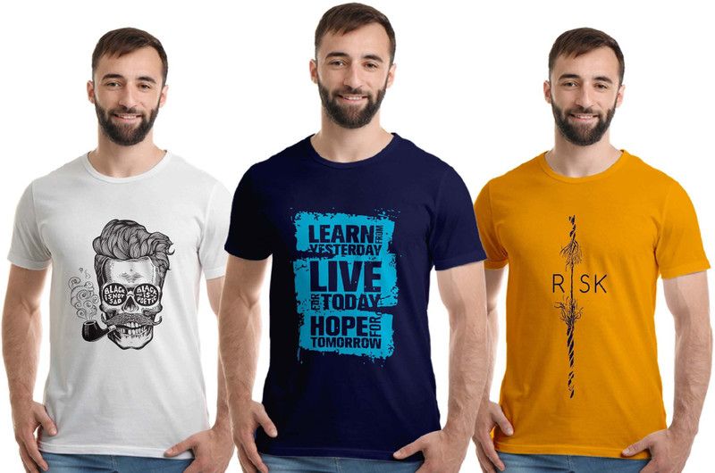 Pack of 3 Men Graphic Print Round Neck Cotton Blend Dark Blue, White, Yellow T-Shirt