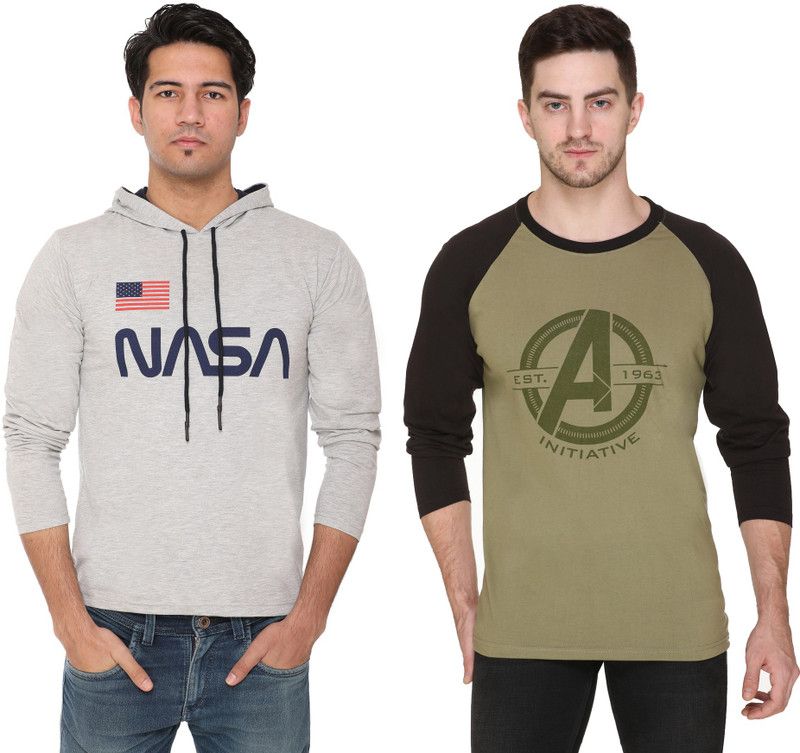 Printed Men Green, Grey T-Shirt  (Pack of 2)