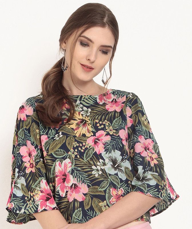 Casual Regular Sleeves Floral Print Women Dark Blue, Green Top