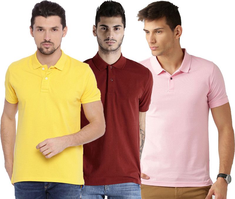 Pack of 3 Men Solid Polo Neck Cotton Blend Maroon, Pink, Yellow T-Shirt