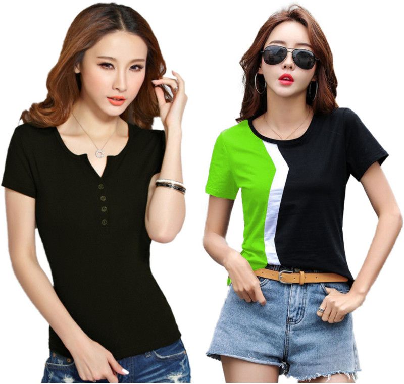 Pack of 2 Women Solid Round Neck Cotton Blend Black, Light Green T-Shirt