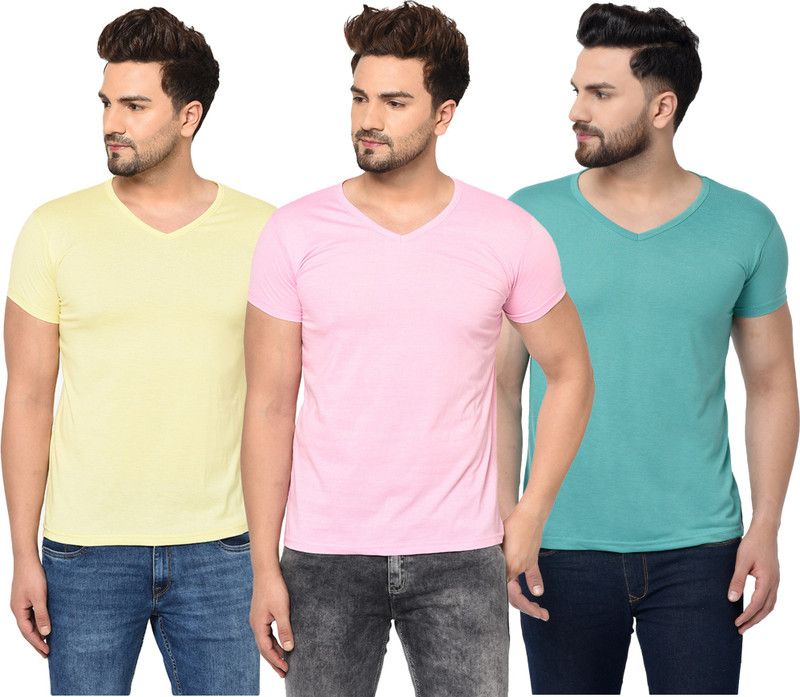 Pack of 3 Men Solid V Neck Cotton Blend Light Blue, Pink, Yellow T-Shirt