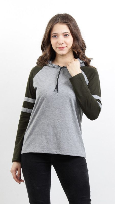 Women Colorblock Hooded Neck Cotton Blend Green T-Shirt