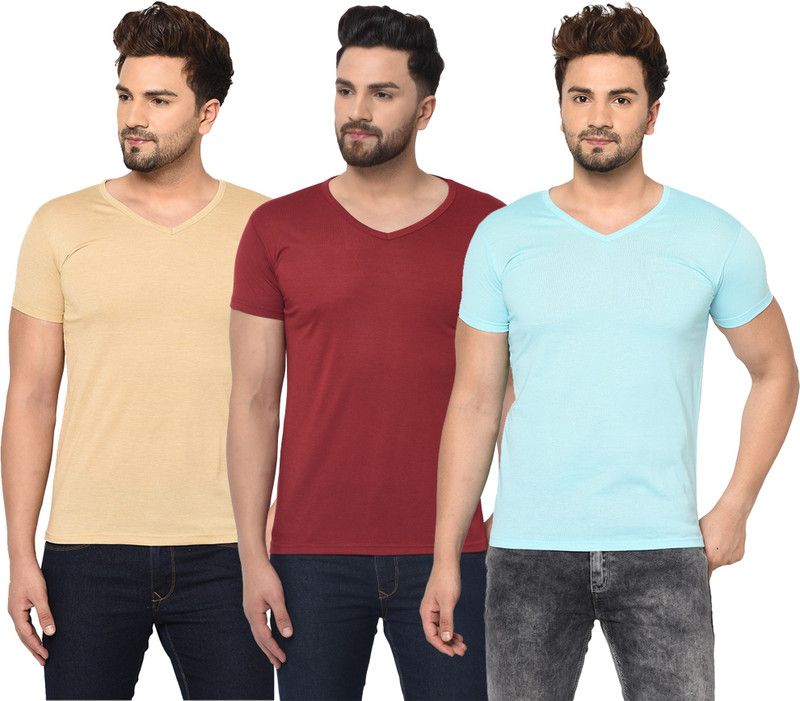 Pack of 3 V neck Combo T-shirts Multicolor Men Solid V Neck Cotton Blend Light Blue, Maroon, Beige T-Shirt