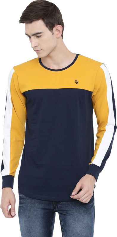 Men Colorblock Round Neck Cotton Blend Navy Blue T-Shirt