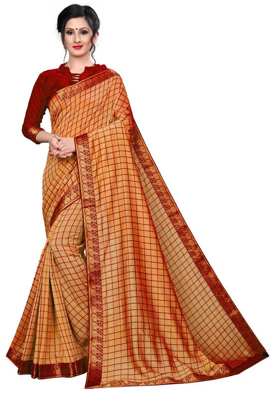 Checkered Bollywood Art Silk Saree  (Red, Beige)