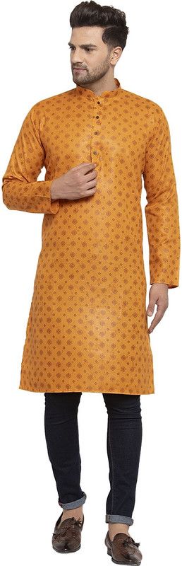 Men Floral Print Cotton Blend Straight Kurta  (Yellow)