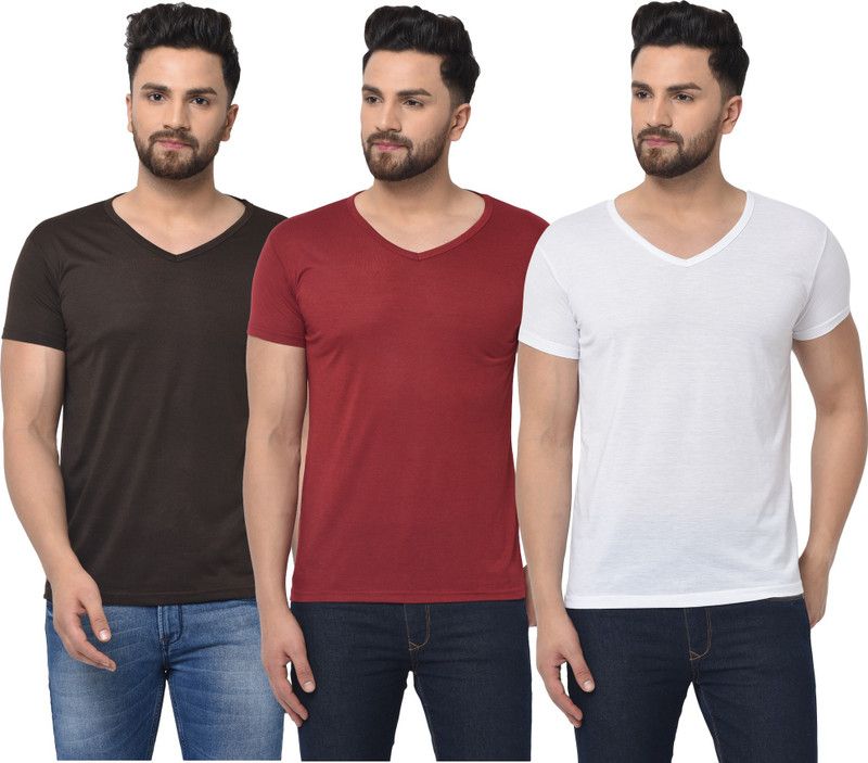 Pack of 3 Men Solid V Neck Cotton Blend White, Brown, Maroon T-Shirt