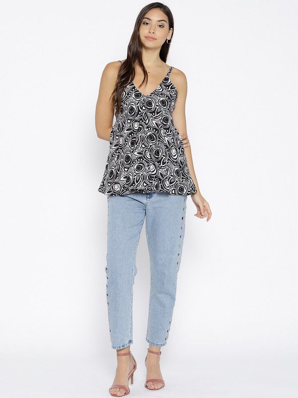 Casual Sleeveless Printed, Floral Print Women White, Black Top