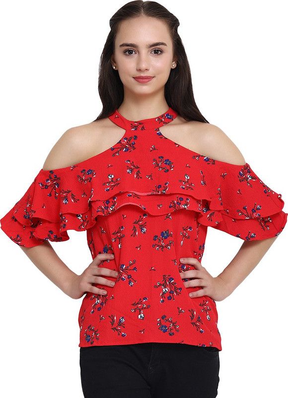 Casual Cold Shoulder Sleeves Floral Print Women Red Top