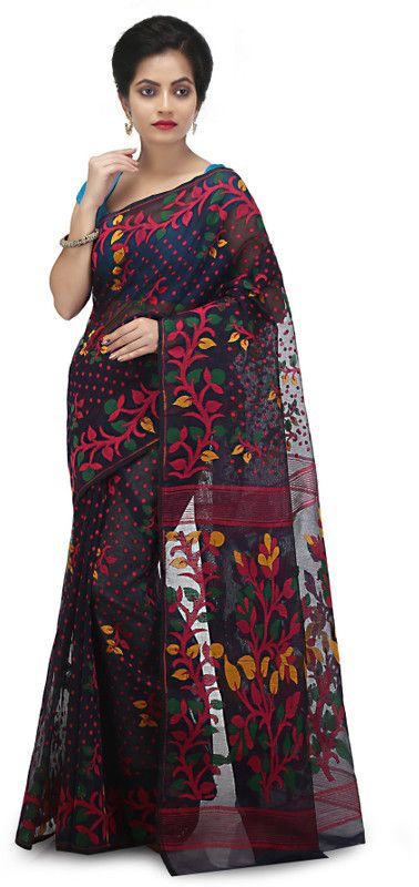 Woven Jamdani Cotton Silk Saree  (Dark Blue)