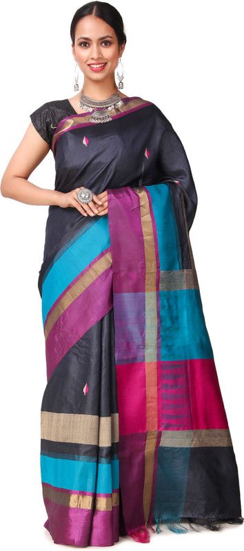 Woven Bhagalpuri Pure Silk Saree  (Black)