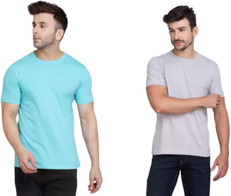 Pack of 2 Men Solid Round Neck Pure Cotton Grey, Light Green T-Shirt