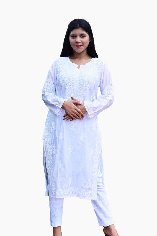 Women Chikan Embroidery Chanderi Straight Kurta  (White)