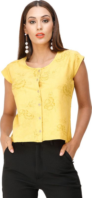 Casual Cap Sleeves Printed, Floral Print Women Yellow Top