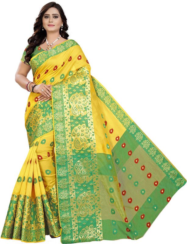 Self Design Banarasi Silk Blend, Cotton Blend Saree  (Yellow)